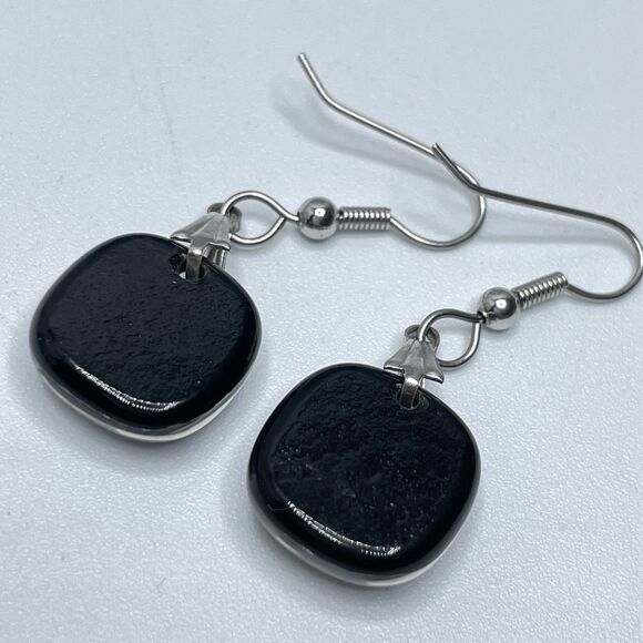 Cute Black Gray Murano Glass Beaded Silvertone Dangle Earrings Boho Unique - Picture 5 of 8